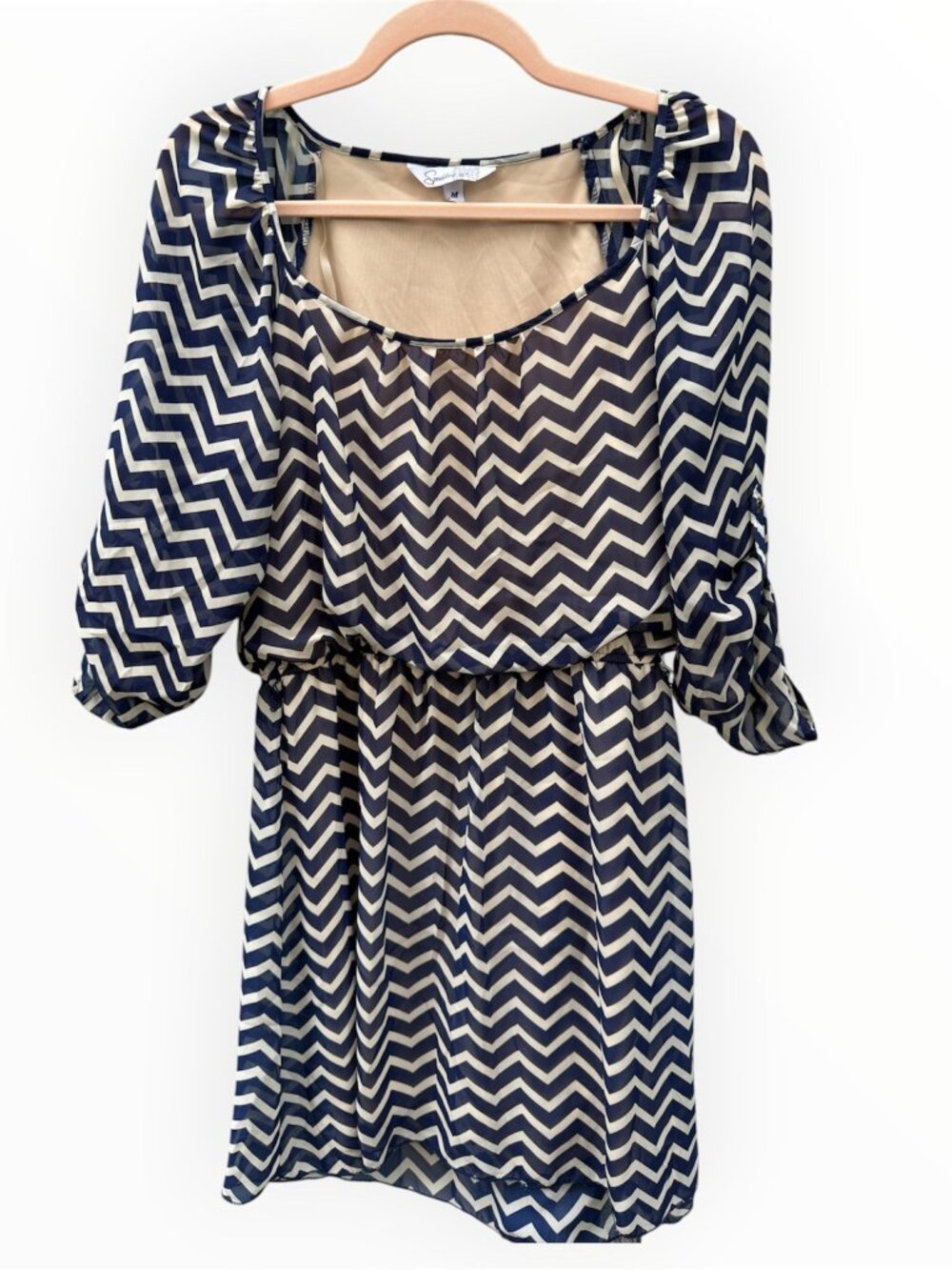 Speeckless Navy Cream Chevron Print Lined Dress Size M 3/4 Sleeve